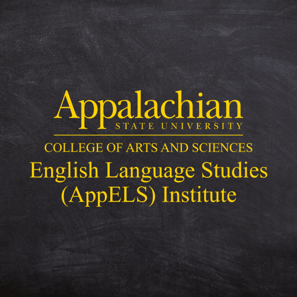 The Appalachian State University English Language Studies (AppELS) Institute logo in gold on top of a dark chalkboard background.