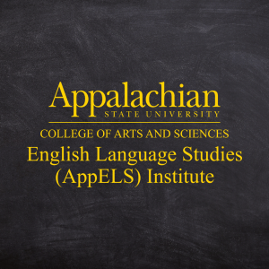 The Appalachian State University English Language Studies (AppELS) Institute logo in gold on top of a dark chalkboard background.